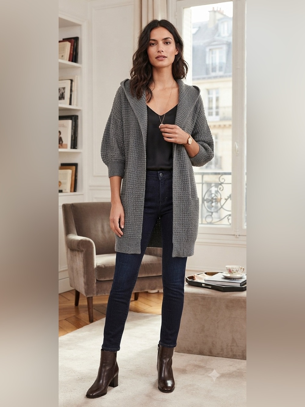 Vince open front waffle knit hoodie cardigan